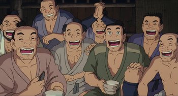 Movie still from “Princess Mononoke” (1997), directed by Hayao Miyazaki – A group of men sitting next to each other laughing; Medium shot, Low angle