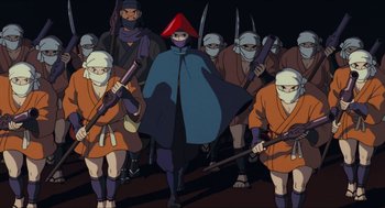 Movie still from “Princess Mononoke” (1997), directed by Hayao Miyazaki – A group of people with guns in a dark room; Wide shot, High angle