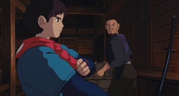 Movie still from “Princess Mononoke” (1997), directed by Hayao Miyazaki – A man and a boy are fighting in a room; Medium shot, Over the shoulder angle