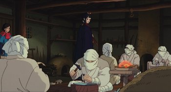 Movie still from “Princess Mononoke” (1997), directed by Hayao Miyazaki – A group of people sitting around a table; Wide shot, Low angle