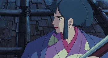 Movie still from “Princess Mononoke” (1997), directed by Hayao Miyazaki – A woman's face in animated style; Close Up shot, Over the shoulder angle