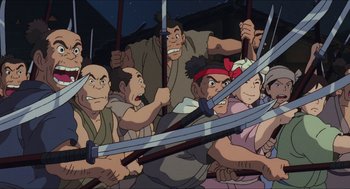 Movie still from “Princess Mononoke” (1997), directed by Hayao Miyazaki – A group of people holding swords in front of each other; Medium shot, High angle