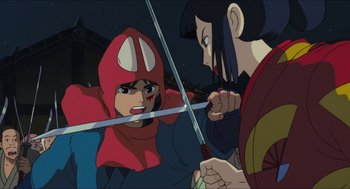 Movie still from “Princess Mononoke” (1997), directed by Hayao Miyazaki – Two people are fighting each other with swords in a cartoon; Close Up shot, Over the shoulder angle