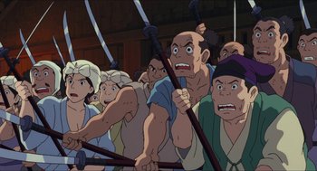 Movie still from “Princess Mononoke” (1997), directed by Hayao Miyazaki – A bunch of people are standing in a row; Medium shot, High angle