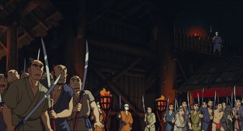 Movie still from “Princess Mononoke” (1997), directed by Hayao Miyazaki – A group of people standing in front of a fire pit; Wide shot, Low angle