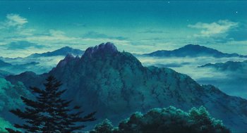 Movie still from “Princess Mononoke” (1997), directed by Hayao Miyazaki – A painting of a mountain range with trees in the foreground; Extreme Wide shot, Low angle