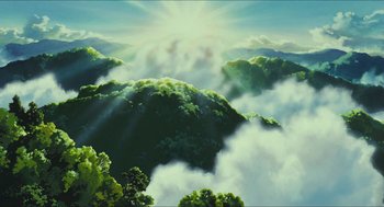 Movie still from “Princess Mononoke” (1997), directed by Hayao Miyazaki – The sun is shining above the clouds in the mountains; Extreme Wide shot, Low angle
