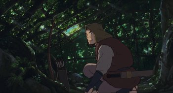 Movie still from “Princess Mononoke” (1997), directed by Hayao Miyazaki – An animated man is sitting in the woods; Medium shot, Low angle