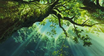 Movie still from “Princess Mononoke” (1997), directed by Hayao Miyazaki – The sun shines through the trees in the forest; Extreme Wide shot, Low angle