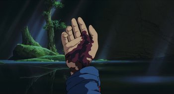 Movie still from “Princess Mononoke” (1997), directed by Hayao Miyazaki – A person with a hand that is covered in blood; Medium shot, High angle