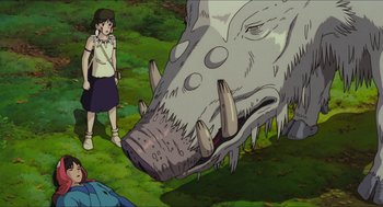 Movie still from “Princess Mononoke” (1997), directed by Hayao Miyazaki – An animated scene of a girl and a dragon; Wide shot, Low angle