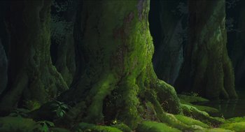 Movie still from “Princess Mononoke” (1997), directed by Hayao Miyazaki – A painting of a tree with moss growing on it's trunk; Extreme Wide shot, Low angle