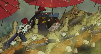 Movie still from “Princess Mononoke” (1997), directed by Hayao Miyazaki – A group of people with masks and umbrellas; Wide shot, Low angle
