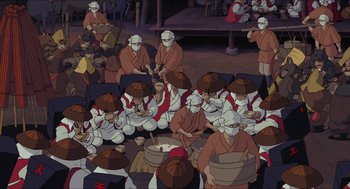 Movie still from “Princess Mononoke” (1997), directed by Hayao Miyazaki – An illustration of people in traditional japanese garb; Wide shot, High angle