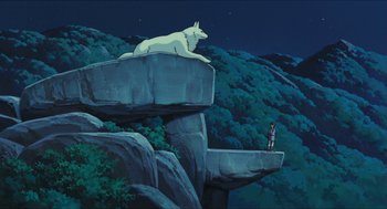 Movie still from “Princess Mononoke” (1997), directed by Hayao Miyazaki – A painting of a boy and a dog sitting on a cliff at night; Extreme Wide shot, High angle