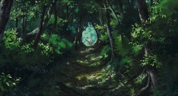 Movie still from “Princess Mononoke” (1997), directed by Hayao Miyazaki – A painting of a forest with a white horse in the middle of it; Extreme Wide shot, High angle