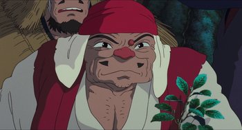 Movie still from “Princess Mononoke” (1997), directed by Hayao Miyazaki – An animated picture of an old man with a red hat; Close Up shot, Low angle