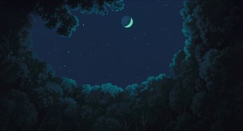 Movie still from “Princess Mononoke” (1997), directed by Hayao Miyazaki – A view of the moon and the stars at night; Extreme Wide shot, Low angle
