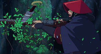 Movie still from “Princess Mononoke” (1997), directed by Hayao Miyazaki – An animated woman is holding a rifle in the woods; Medium shot, High angle