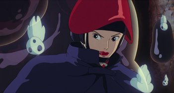 Movie still from “Princess Mononoke” (1997), directed by Hayao Miyazaki – A person wearing a red hat; Close Up shot, Low angle