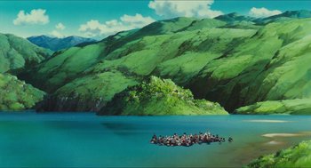 Movie still from “Princess Mononoke” (1997), directed by Hayao Miyazaki – A group of people on a raft in the water; Extreme Wide shot, High angle