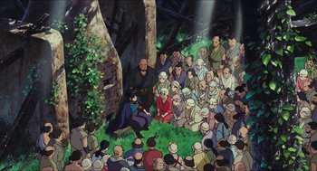 Movie still from “Princess Mononoke” (1997), directed by Hayao Miyazaki – A group of people sitting around a forest; Extreme Wide shot, High angle