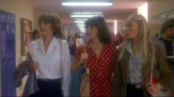 Movie still from “Prom Night” (1980), directed by Paul Lynch – A group of women walking down a hall way; Medium shot, Low angle