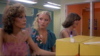 Movie still from “Prom Night” (1980), directed by Paul Lynch – A group of people in a room looking in a mirror; Medium shot, Low angle