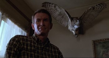 Movie still from “Psycho III” (1986), directed by Anthony Perkins – A man standing in front of an owl in a room; Medium shot, Low angle