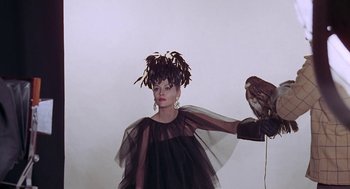 Movie still from “Puzzle of a Downfall Child” (1970), directed by Jerry Schatzberg – A woman in a black dress holding onto a bird; Medium shot, Low angle