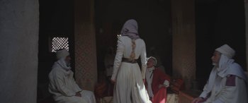 Movie still from “Queen of the Desert” (2015), directed by Werner Herzog – A woman in a white dress and a man in a red suit; Wide shot, Over the shoulder angle