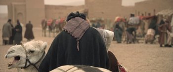 Movie still from “Queen of the Desert” (2015), directed by Werner Herzog – A person wearing a black coat and a scarf; Medium shot, Over the shoulder angle