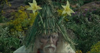 Movie still from “Ran” (1985), directed by Akira Kurosawa – An old man wearing a hat made out of grass and yellow flowers; Close Up shot, High angle
