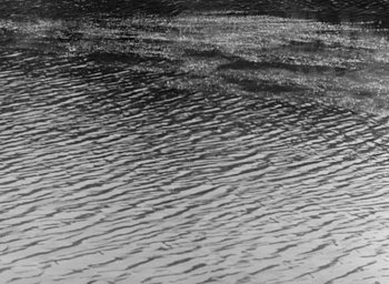 Movie still from “Rashomon” (1950), directed by Akira Kurosawa – A black and white photo of a body of water; Extreme Wide shot, High angle