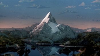 A painting of a mountain with a lake in the background