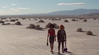 Movie still from “Rat Race” (2001), directed by Jerry Zucker – Two women walking across a dry desert plain; Extreme Wide shot, High angle