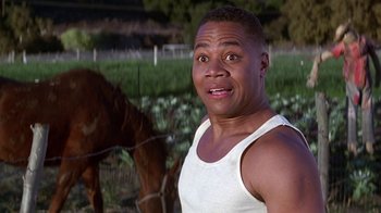 Movie still from “Rat Race” (2001), directed by Jerry Zucker – A person with a horse in a field; Close Up shot, Low angle