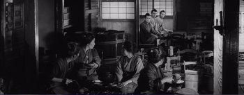 Movie still from “Red Beard” (1965), directed by Akira Kurosawa – A black and white photo of a group of people sitting around; Wide shot, High angle