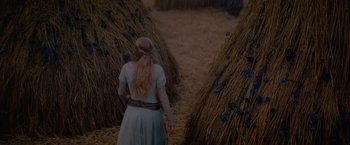 Movie still from “Red Riding Hood” (2011), directed by Catherine Hardwicke – A woman with long blonde hair is walking down a path; Wide shot, Over the shoulder angle