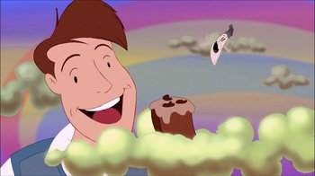 Movie still from “Reefer Madness: The Movie Musical” (2005), directed by Andy Fickman – A cartoon of a man holding a cake in front of clouds; Close Up shot, Low angle