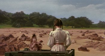 Movie still from “Return to Oz” (1985), directed by Walter Murch – A woman in a cart with a dog in a field; Wide shot, High angle