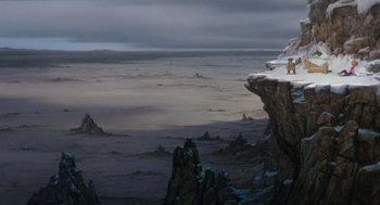 Movie still from “Return to Oz” (1985), directed by Walter Murch – A view of a mountain range from a cliff; Extreme Wide shot, High angle