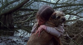 Movie still from “Return to Oz” (1985), directed by Walter Murch – A young girl hugging a dog in a wooded area; Close Up shot, High angle