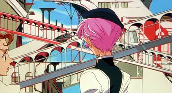 Movie still from “Revolutionary Girl Utena: The Movie” (1999), directed by Katsushi Sakurabi – A woman with pink hair standing on a bridge; Wide shot, Low angle