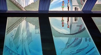 Movie still from “Revolutionary Girl Utena: The Movie” (1999), directed by Katsushi Sakurabi – Two people are standing in front of a bridge; Extreme Wide shot, Low angle