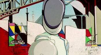 Movie still from “Revolutionary Girl Utena: The Movie” (1999), directed by Katsushi Sakurabi – A painting of a person with a helmet on a wall; Medium shot, Low angle