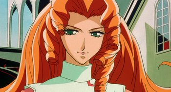 Movie still from “Revolutionary Girl Utena: The Movie” (1999), directed by Katsushi Sakurabi – A woman's face with long red hair and green eyes; Close Up shot, Low angle