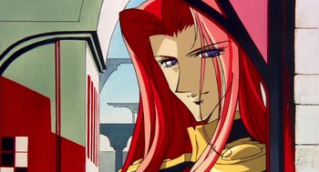 Movie still from “Revolutionary Girl Utena: The Movie” (1999), directed by Katsushi Sakurabi – A person with long red hair; Close Up shot, Low angle