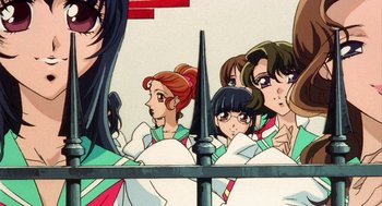 Movie still from “Revolutionary Girl Utena: The Movie” (1999), directed by Katsushi Sakurabi – A group of people standing next to each other in a room; Close Up shot, Low angle