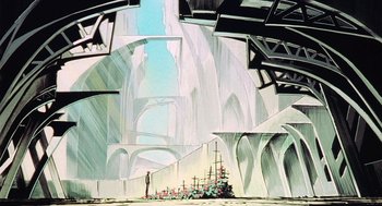 Movie still from “Revolutionary Girl Utena: The Movie” (1999), directed by Katsushi Sakurabi – An abstract painting of a building with a lot of windows; Extreme Wide shot, Low angle